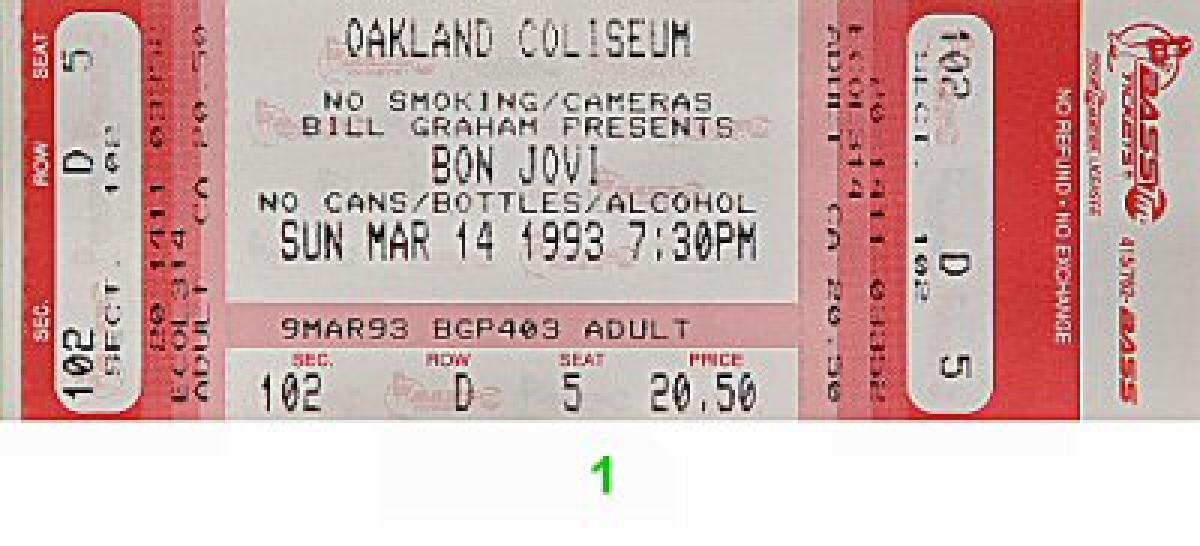 Bon Jovi Vintage Concert Vintage Ticket from Oakland Coliseum Arena ...