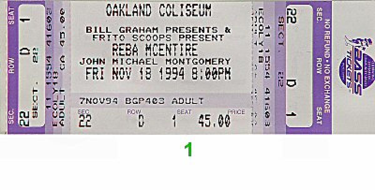Reba McEntire Vintage Concert Vintage Ticket from Oakland Coliseum ...