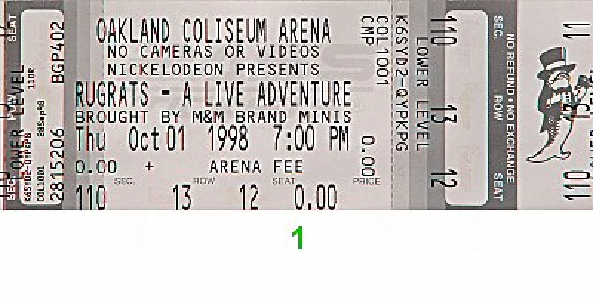 Rugrats Vintage Concert Vintage Ticket From Oakland Coliseum Arena Oct 1 1998 At Wolfgang S