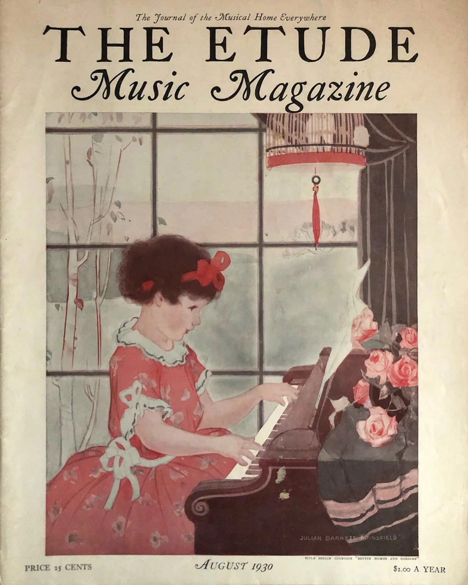 Cover art from the May 1933 edition of Etude magazine featuring two girls  at the piano excited to play scores from the latest edition of the  magazine.