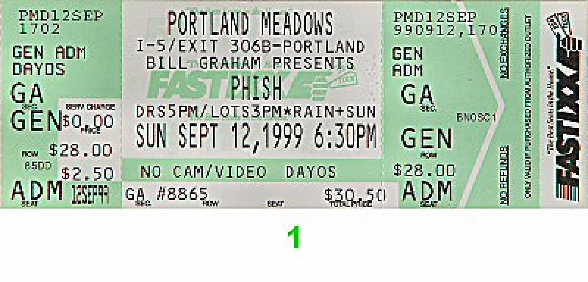 Phish Vintage Concert Vintage Ticket from Portland Meadows, Sep 12 ...