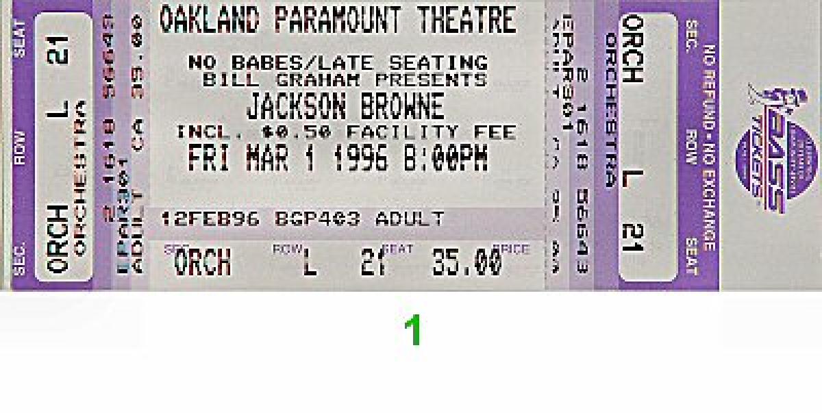 Jackson Browne Vintage Concert Vintage Ticket from Paramount Theatre
