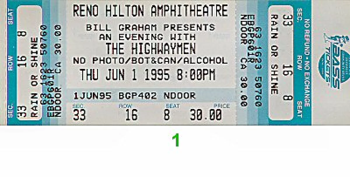 The Highwaymen Vintage Concert Vintage Ticket from Reno Hilton ...