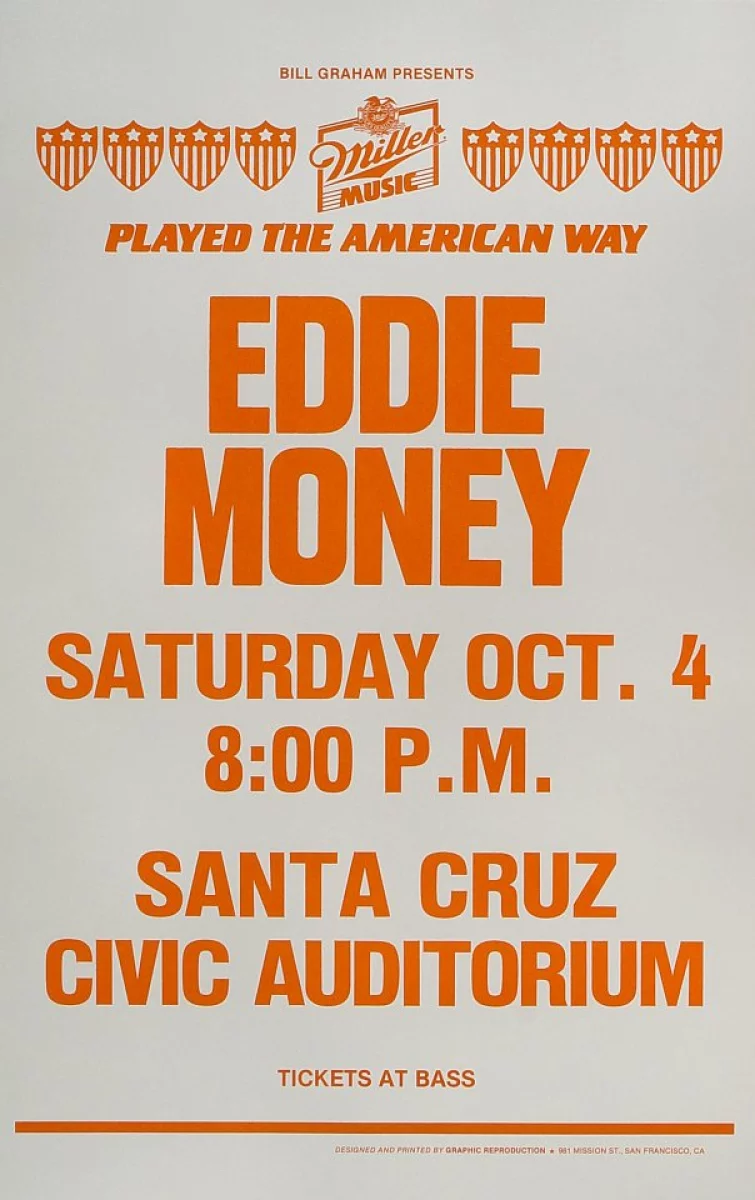 Eddie Money Vintage Concert Poster from Santa Cruz Civic