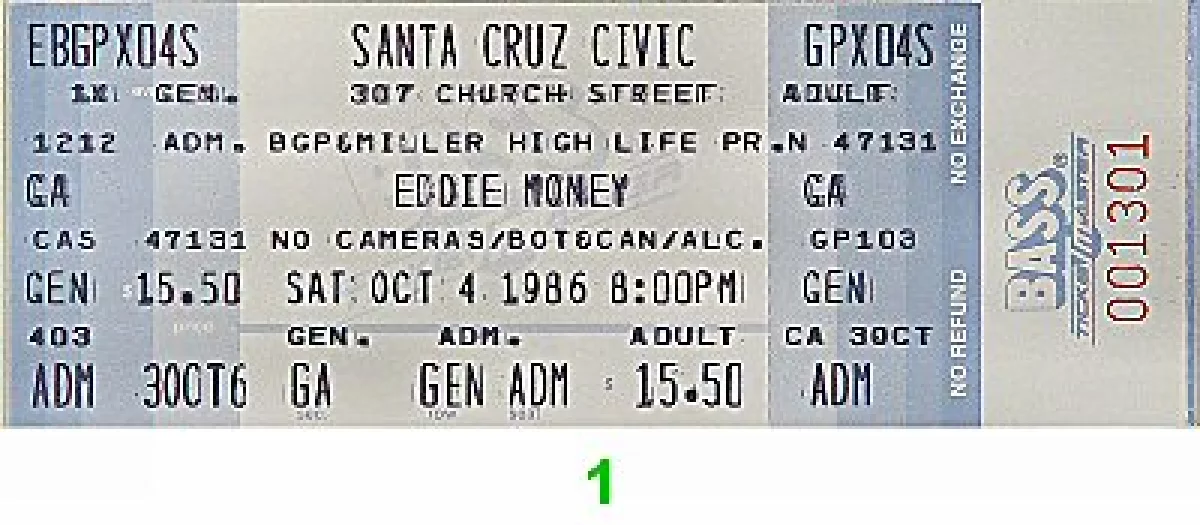 Eddie Money Vintage Concert Vintage Ticket from Santa Cruz Civic