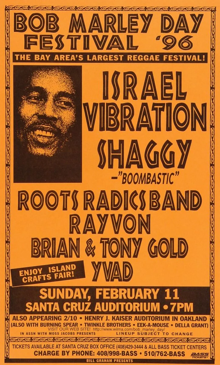 Forbyde Fjerde unlock Bob Marley Day Festival Vintage Concert Poster from Santa Cruz Civic  Auditorium, Feb 11, 1996 at Wolfgang's