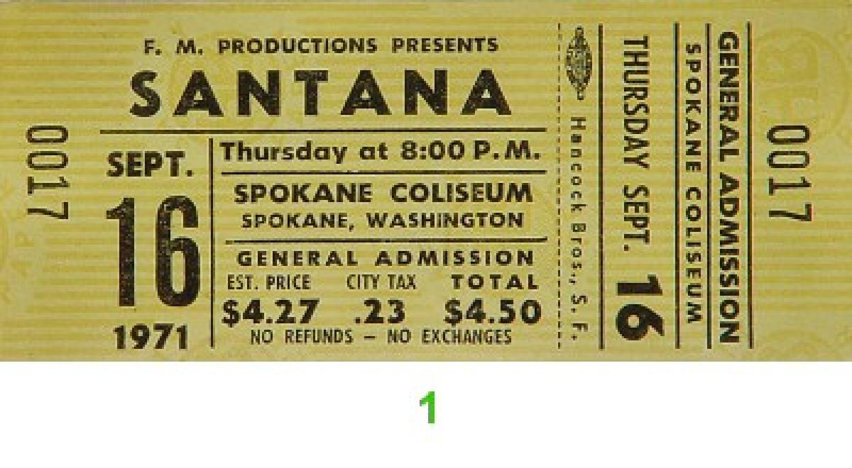 Santana Vintage Concert Vintage Ticket from Spokane Coliseum Sep 16 1971 at Wolfgang s