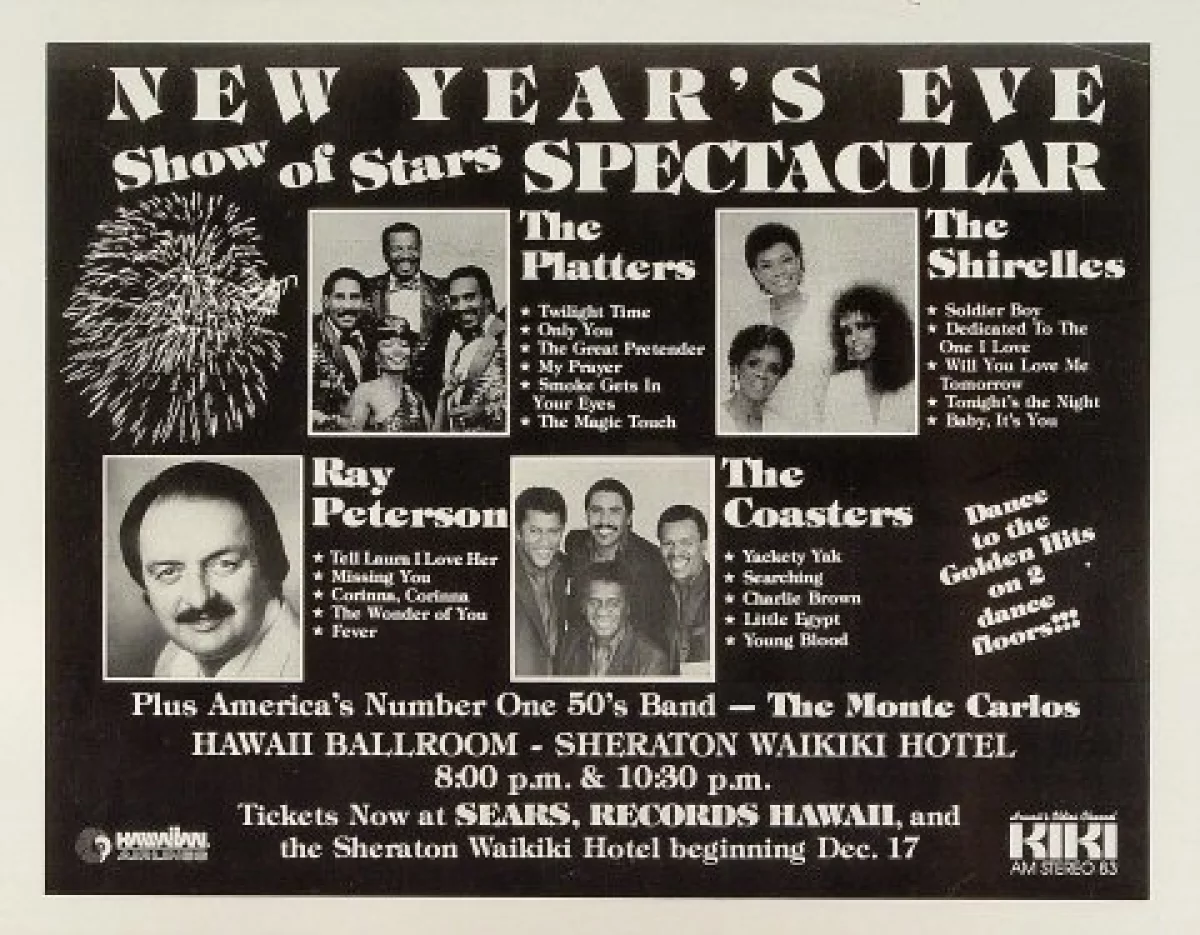 The Platters Vintage Concert Poster from Sheraton Waikiki Hotel, Dec 31,  1988 at Wolfgang's