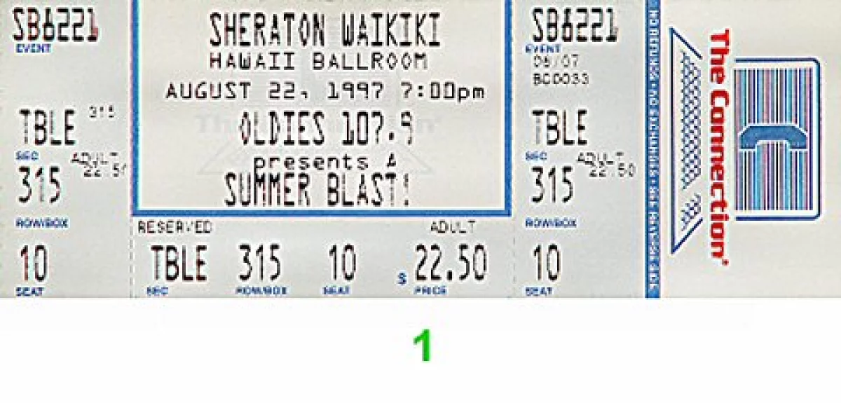 Summer Blast Vintage Concert Vintage Ticket from Sheraton Waikiki Hotel,  Aug 22, 1997 at Wolfgang's