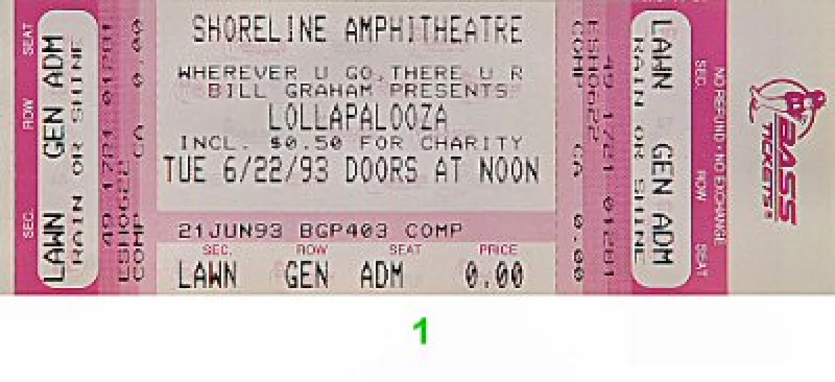 Lollapalooza Festival Vintage Concert Vintage Ticket from Shoreline  Amphitheatre, Jun 22, 1993 at Wolfgang's