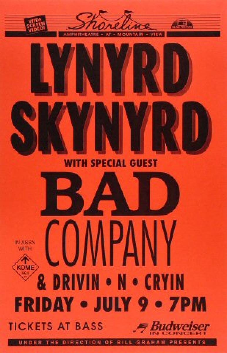 レーナードスキナード 1991 ビンテージポスター 8/31 Shoreline Lynyrd Skynyrd Vintage Concert Poster from Shoreline