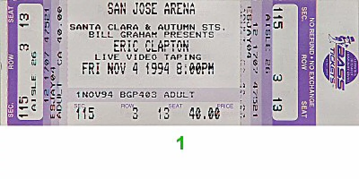 Eric Clapton Vintage Concert Vintage Ticket from San Jose Arena, Nov 4 ...