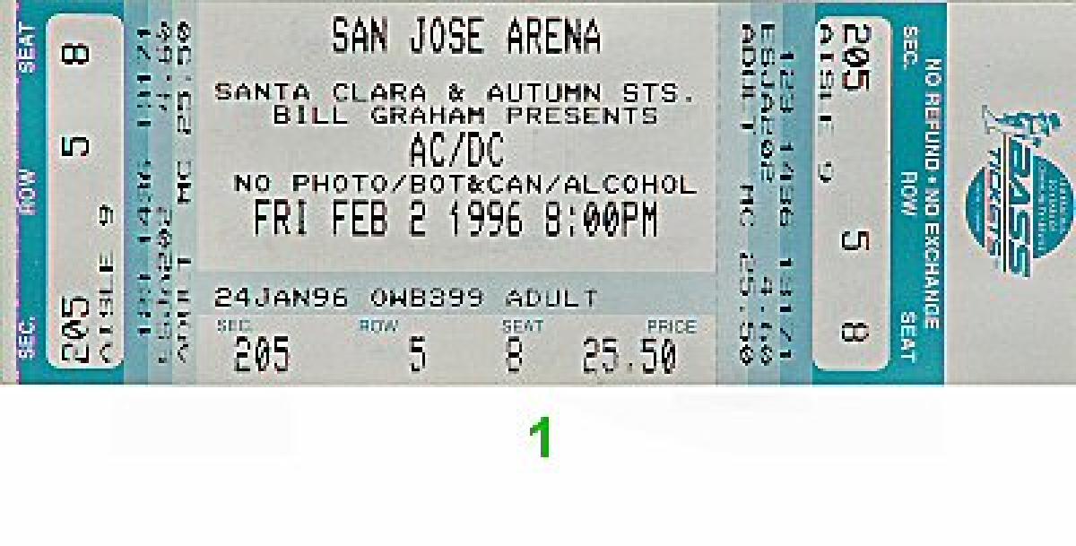 AC/DC Vintage Concert Vintage Ticket from San Jose Arena, Feb 2, 1996 ...