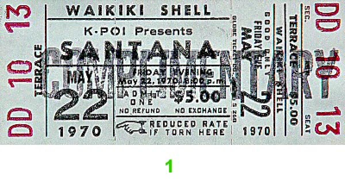 Santana Vintage Concert Vintage Ticket from Waikiki Shell, May 22, 1970