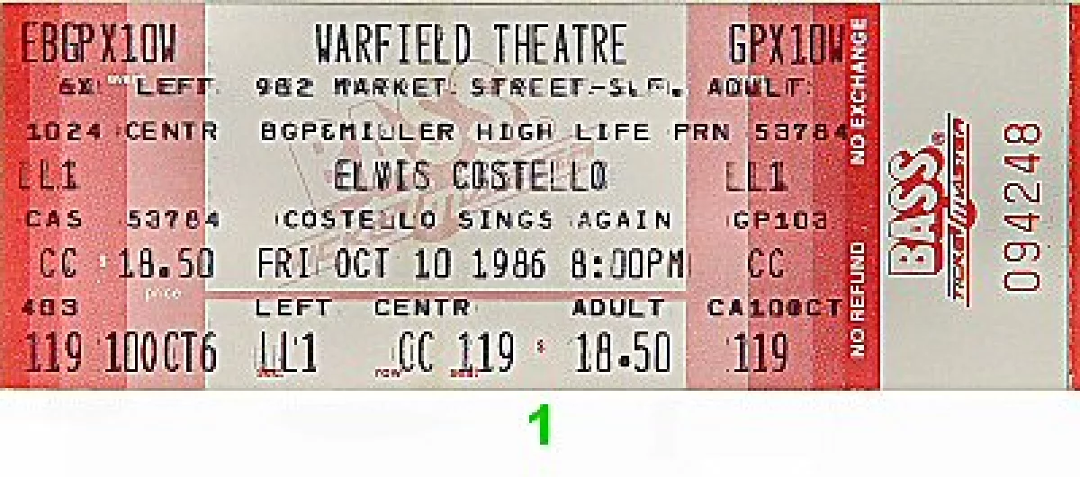 Elvis Costello Vintage Concert Vintage Ticket from Warfield Theatre