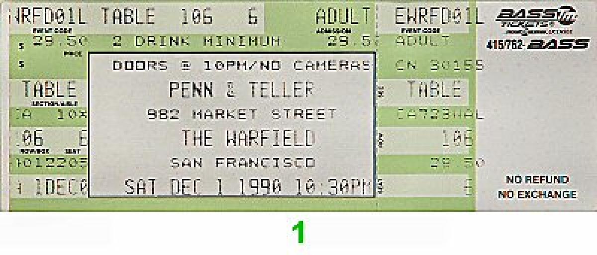 Penn and Teller Vintage Concert Vintage Ticket from Warfield Theatre