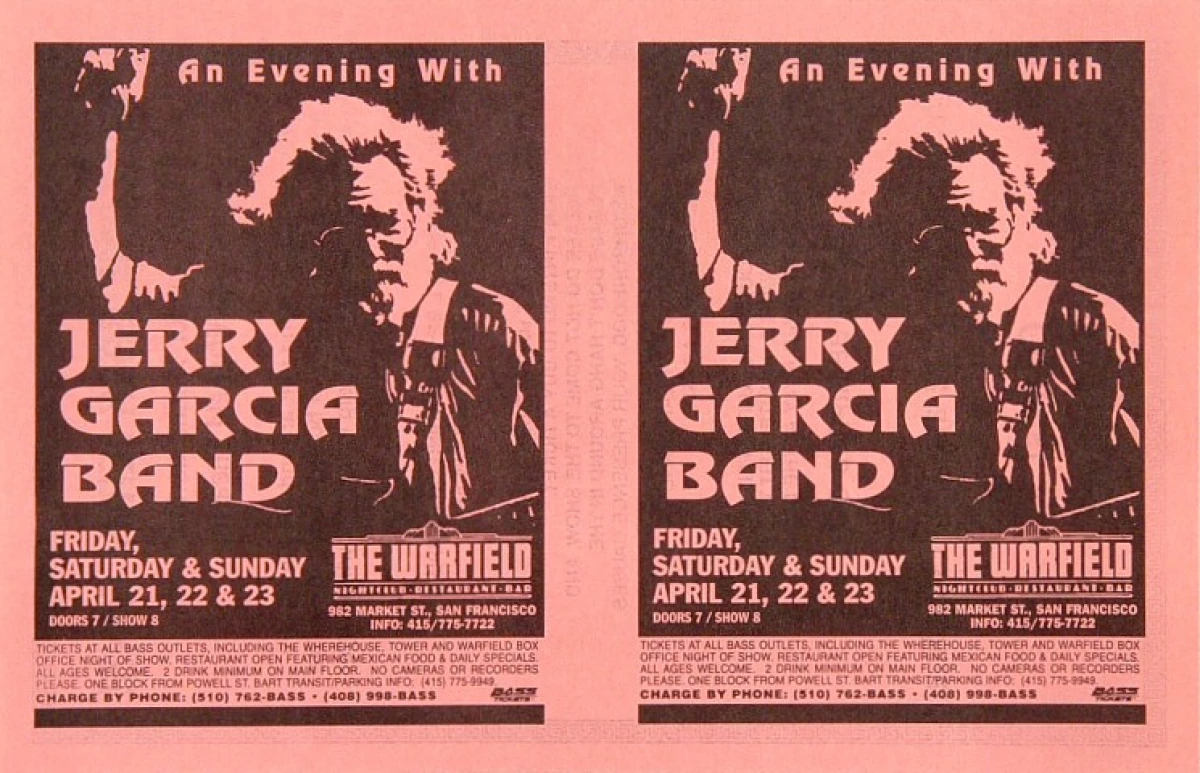 Jerry Garcia Band Vintage Concert Handbill from Warfield Theatre, Apr 21,  1995 at Wolfgang's