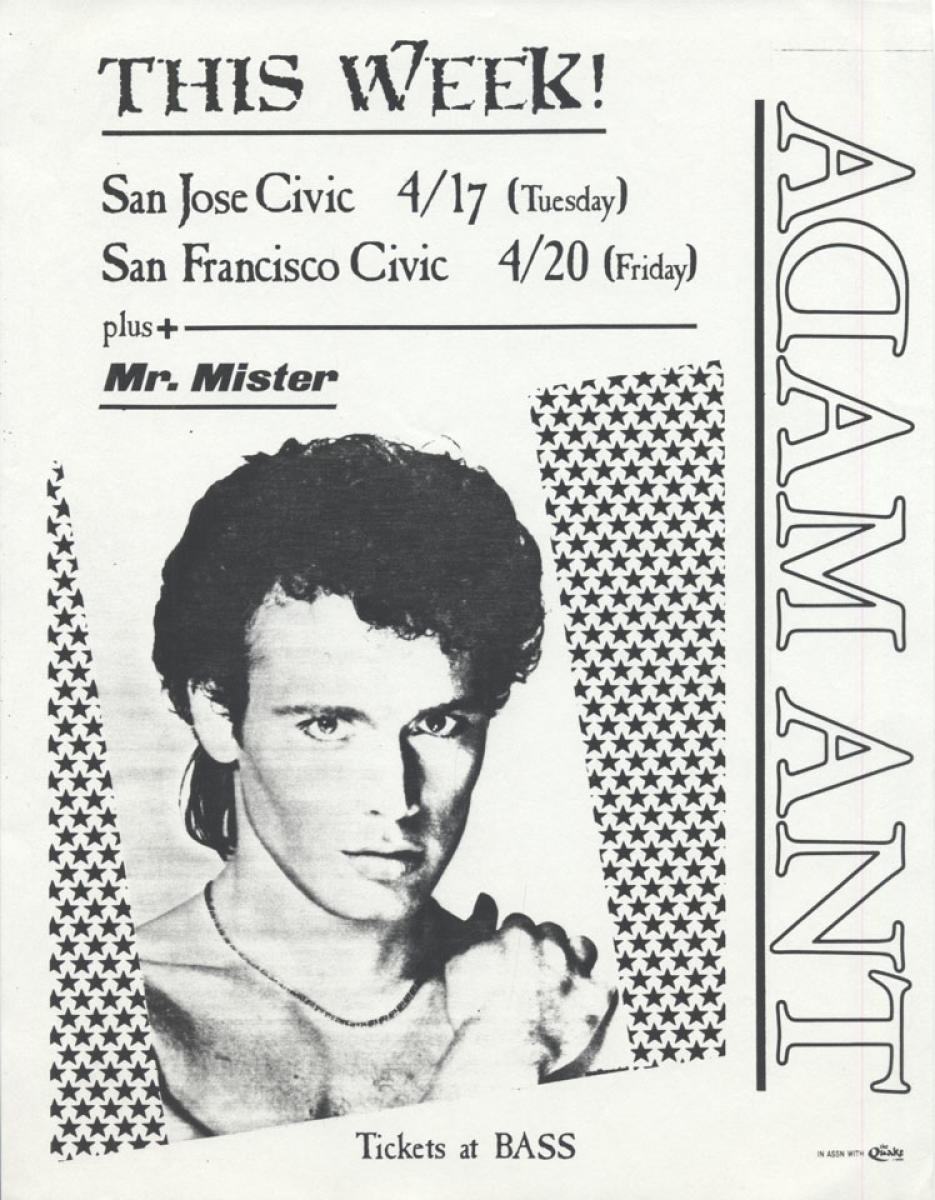 Adam Ant Vintage Concert Handbill from San Jose Civic Auditorium