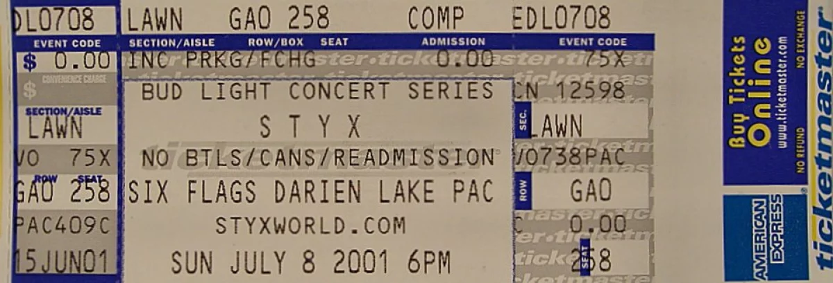 Styx Vintage Concert Vintage Ticket from Darien Lake, Jul 8, 2001 at ...