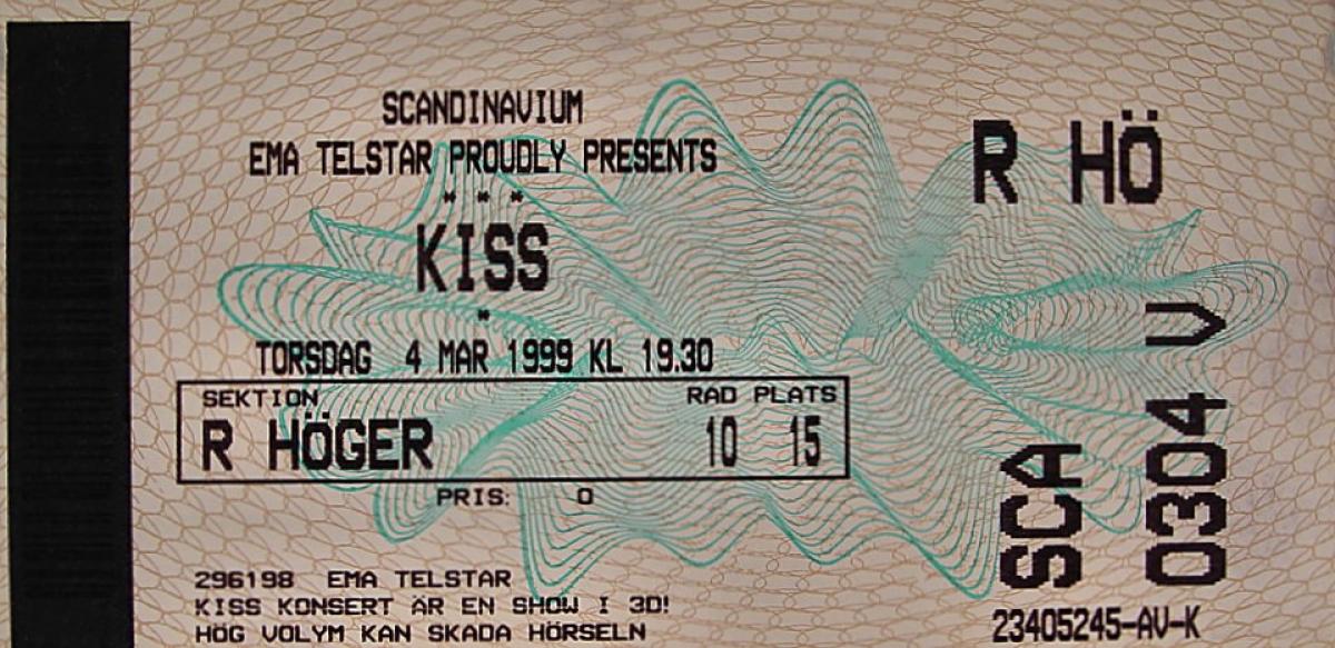 Kiss Vintage Concert Vintage Ticket, Mar 4, 1999 at Wolfgang's