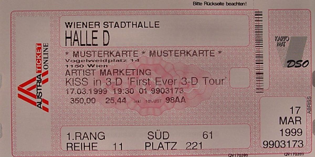 Kiss Vintage Concert Vintage Ticket From Wiener Stadthalle Mar 17 1999 At Wolfgangs 