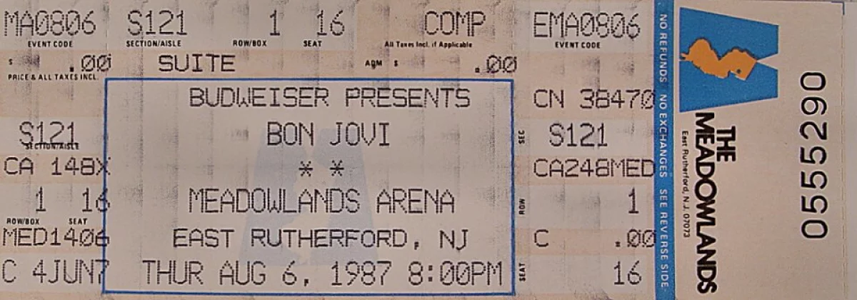 Bon Jovi Vintage Concert Vintage Ticket from Meadowlands Arena, Aug 7 ...