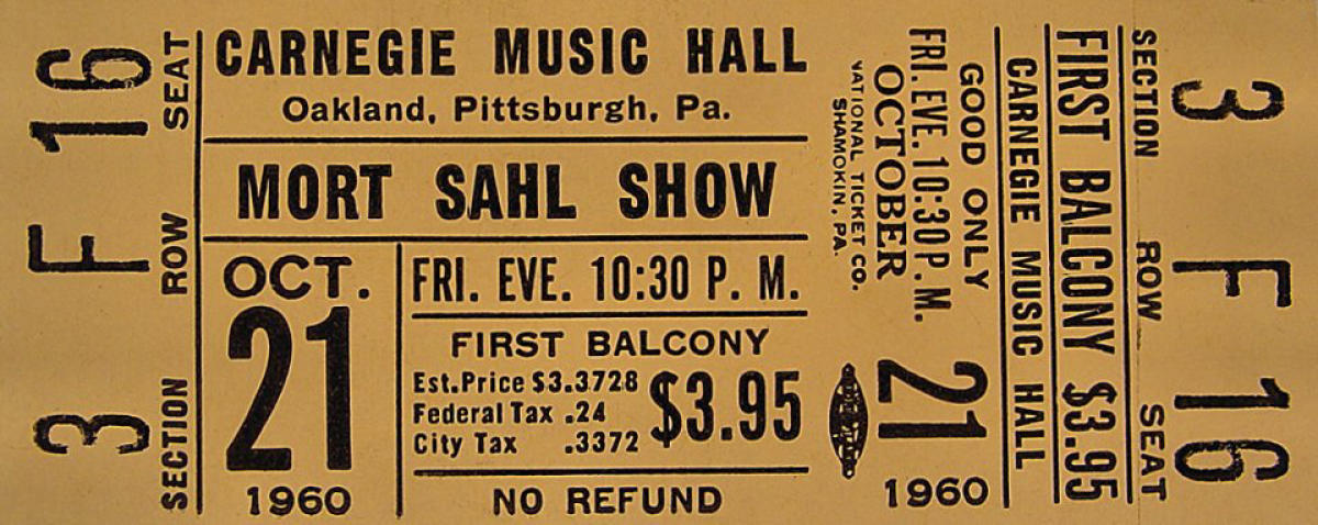 Mort Sahl Show Vintage Concert Vintage Ticket from Carnegie Hall