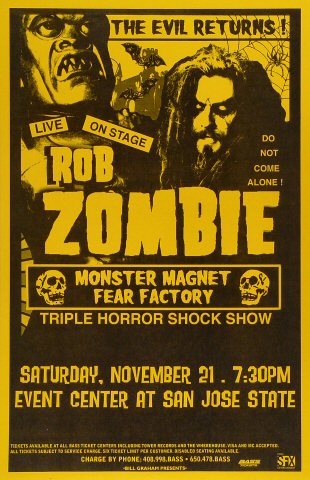 Rob Zombie Vintage Concert Poster from San Jose State Event Center, Nov ...